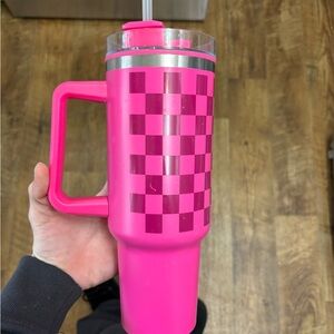 Pink Checkered Tumbler with Straw